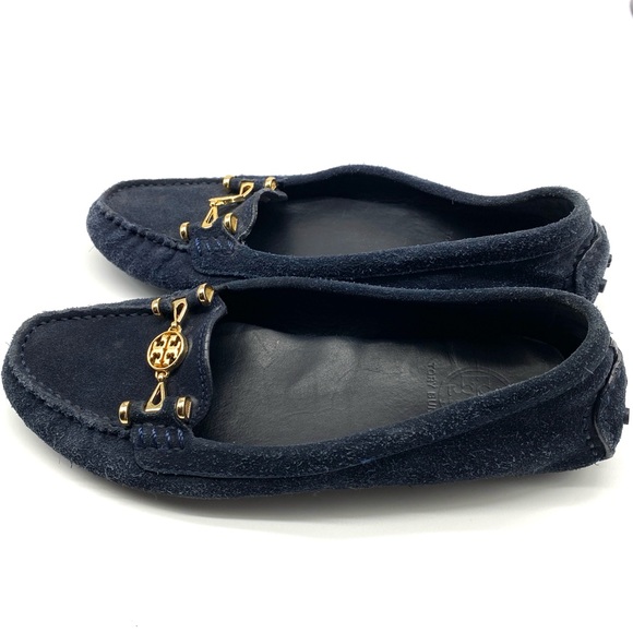 TORY BURCH NAVY BLUE GOLD SUEDE LEATHER COMFORT FLAT DRIVING LOAFER SHOES 8.5 - Picture 2 of 4